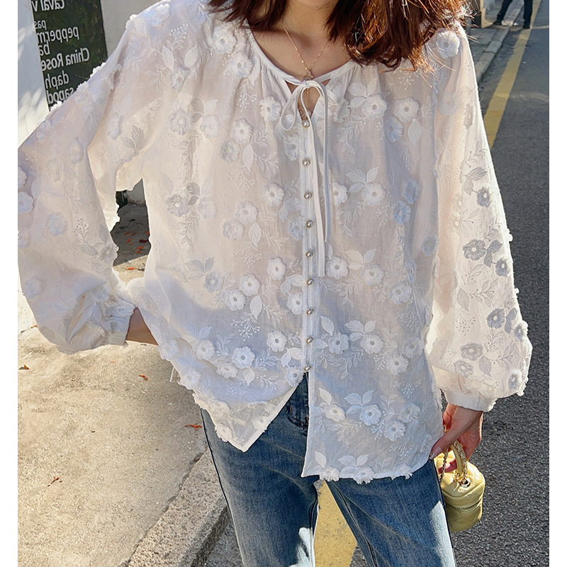 Embroidery Shirt - Women 3D Floral Embroidery Tie V