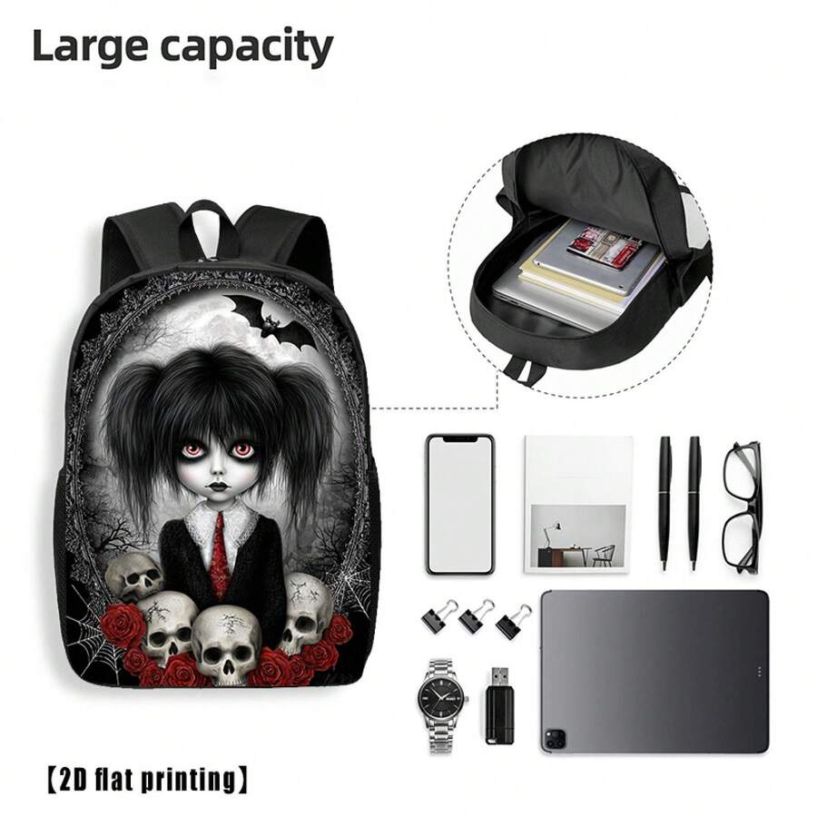 Embroidery Roses - Gothic Skull And Rose Print Backpack