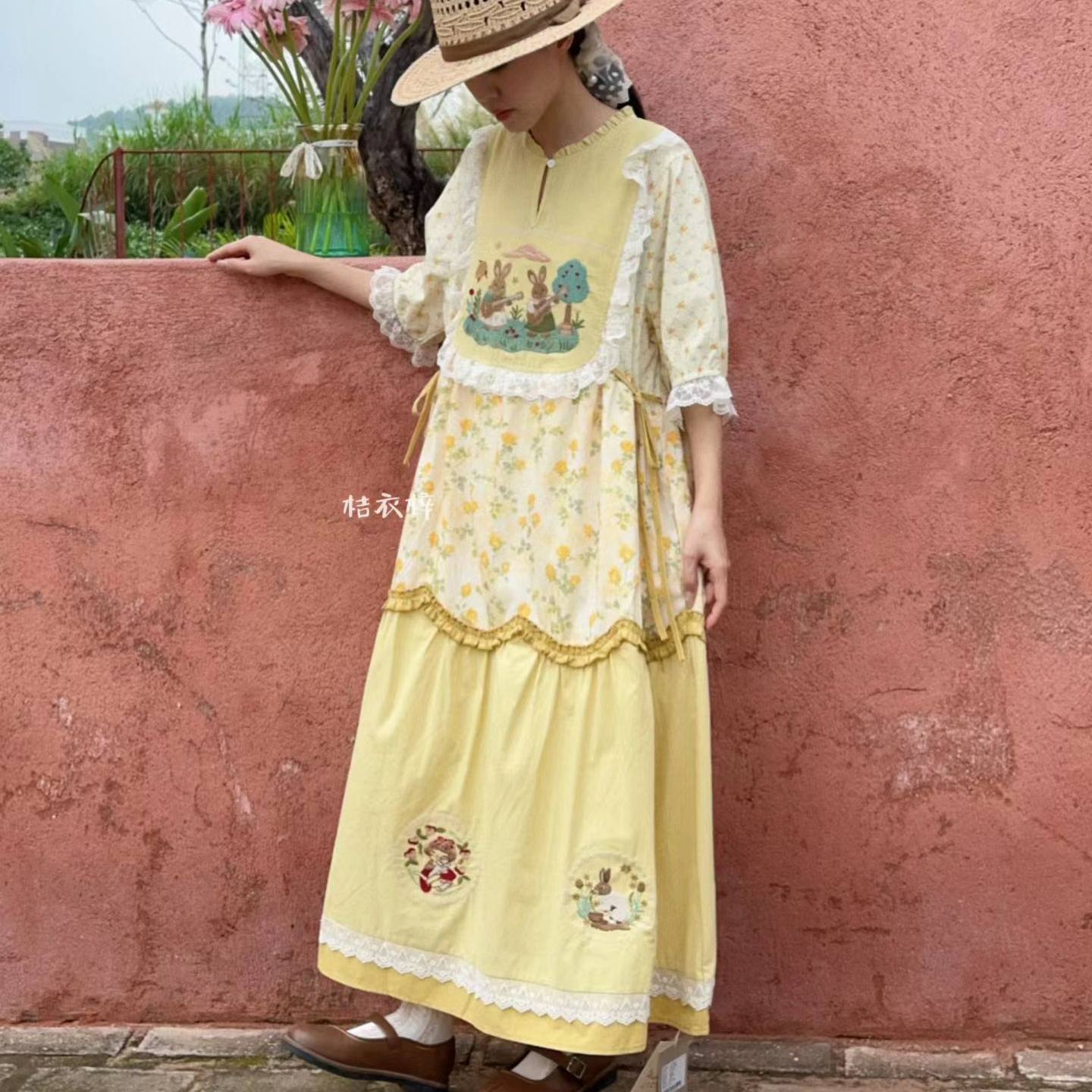 Summer Cotton Sweet Japanese S - Embroidery Yellow Dress incelemesi ve fiyatı
