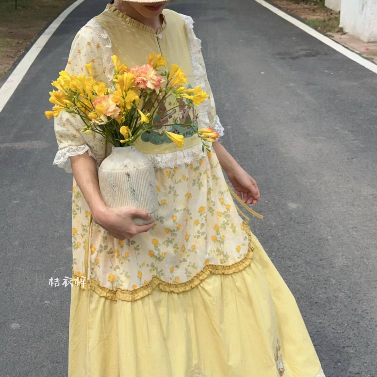 Summer Cotton Sweet Japanese S - Embroidery Yellow Dress incelemesi ve fiyatı