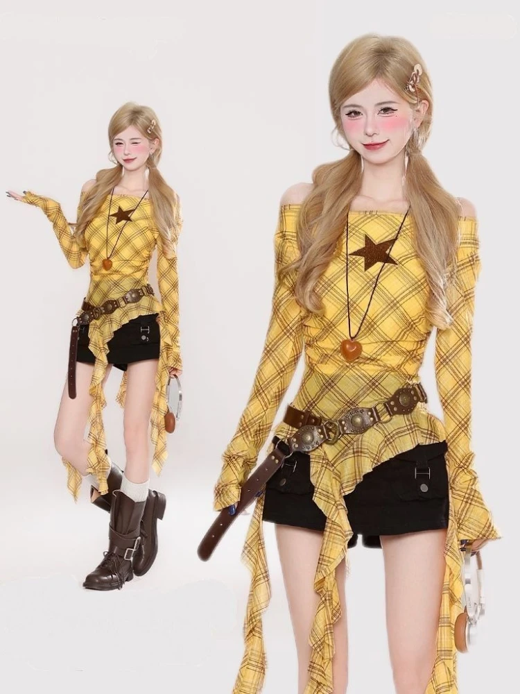 Y2K Plaid Slash Neck Vintage T - Embroidery Shirt incelemesi ve fiyatı