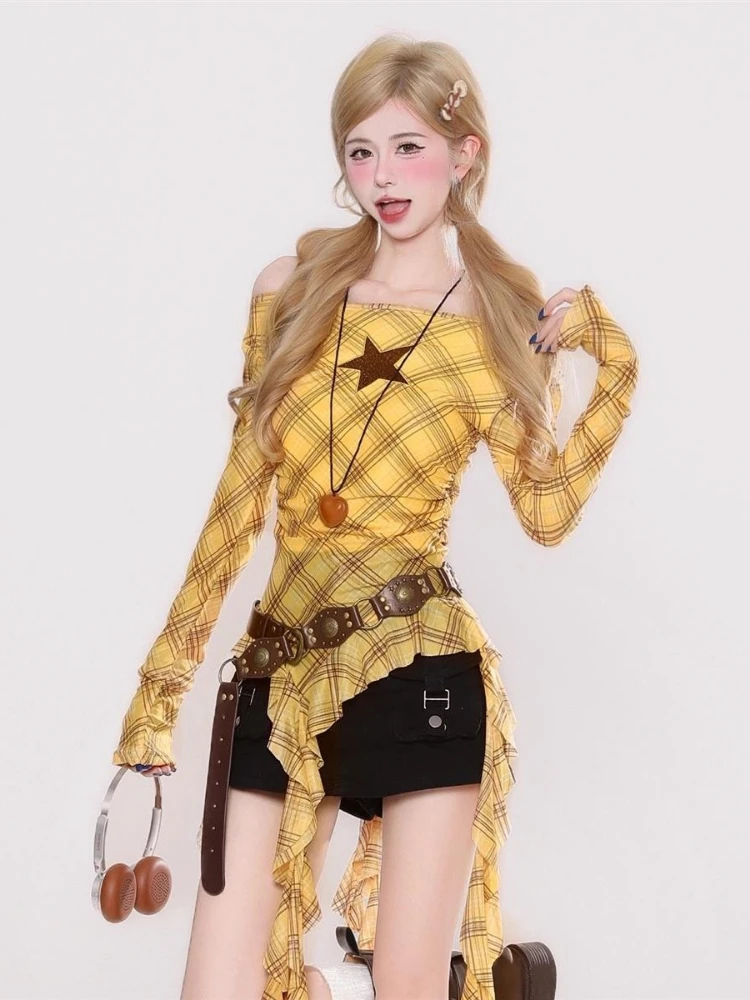 Y2K Plaid Slash Neck Vintage T - Embroidery Shirt incelemesi ve fiyatı