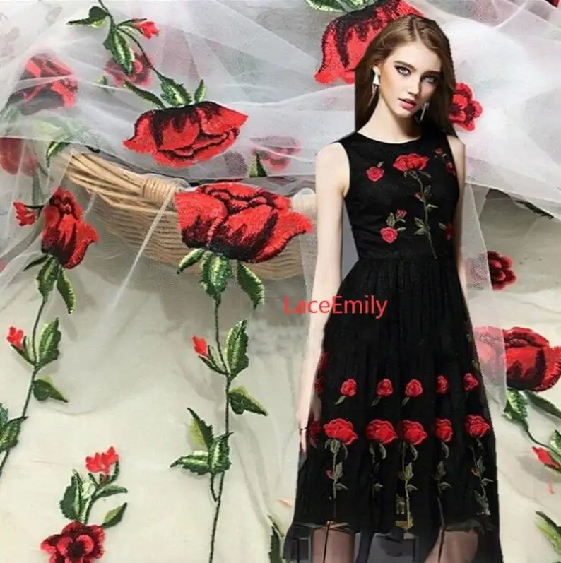 Red Rose Lace Fabric flower em - Embroidery Roses incelemesi ve fiyatı