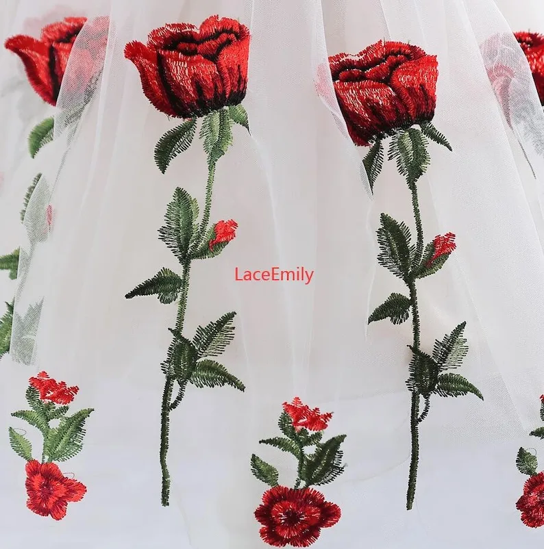 Red Rose Lace Fabric flower em - Embroidery Roses incelemesi ve fiyatı