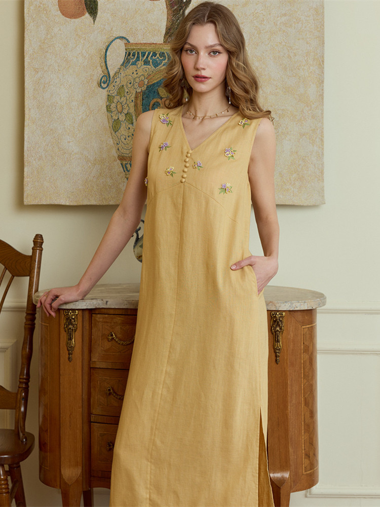 86-98cm Bust Summer Long Dress - Embroidery Yellow Dress incelemesi ve fiyatı
