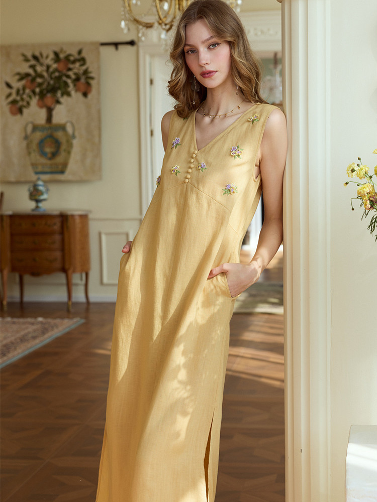 86-98cm Bust Summer Long Dress - Embroidery Yellow Dress incelemesi ve fiyatı