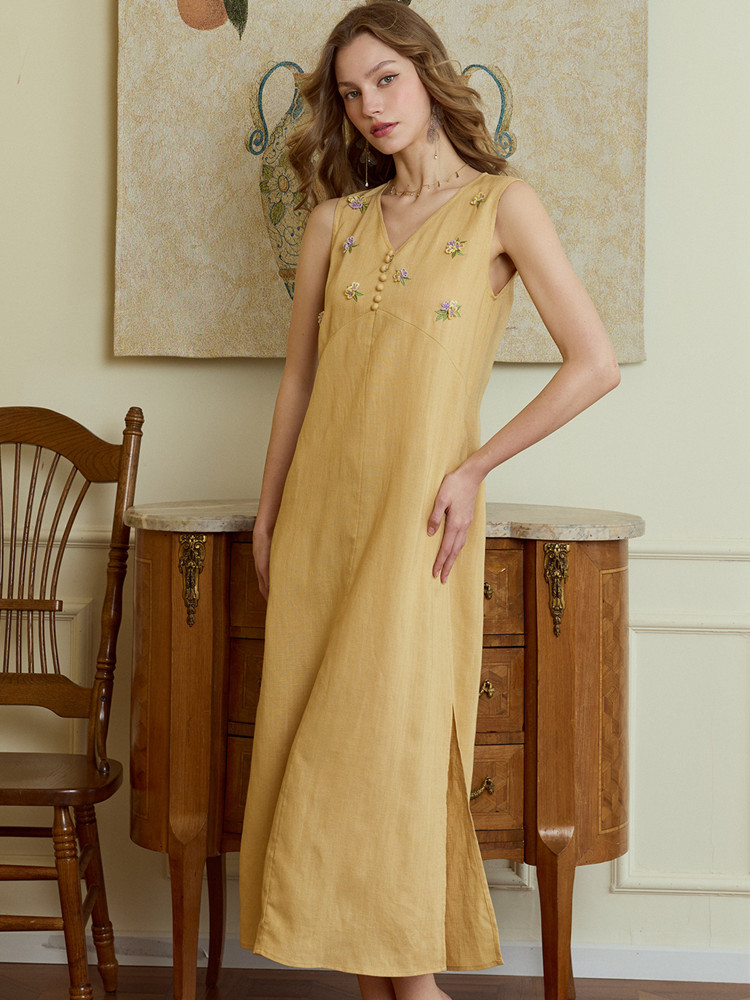 86-98cm Bust Summer Long Dress - Embroidery Yellow Dress incelemesi ve fiyatı